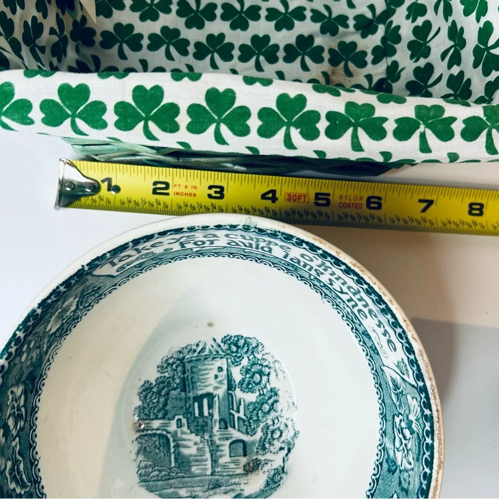 Vintage Irish Coffee set, porcelain transferware bowl, shamrock basket bundle